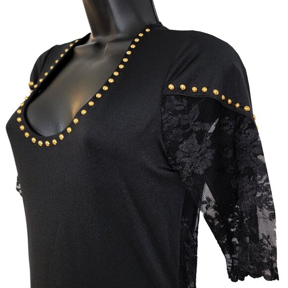 Lace & Gold Studs Embellished Women's Black Dress - Picture 5 of 7